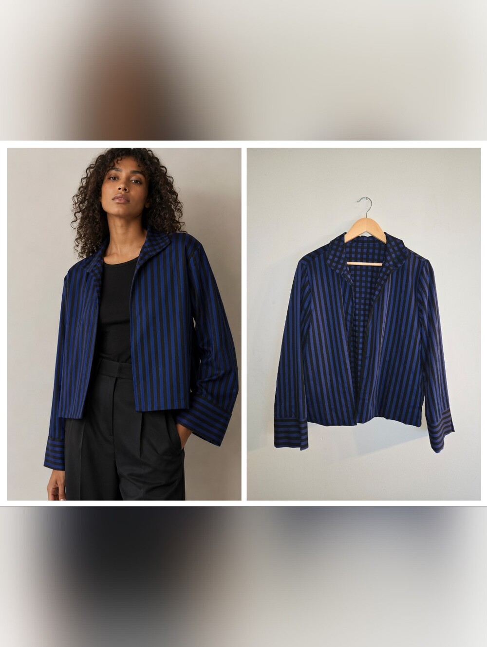 Hinson Wu Molly Reversible Jacket Blue Black Cotton Striped Plaid